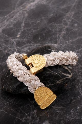 Midyat Hasırı Altın Kaplama Yöresel Motifli Örgü Gümüş Bileklik 4753