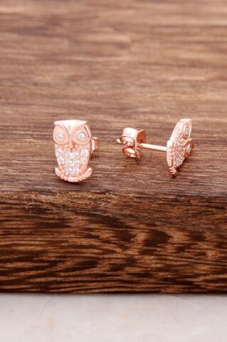 Rose Gümüş Taşlı Baykuş Tasarım Küpe 3755