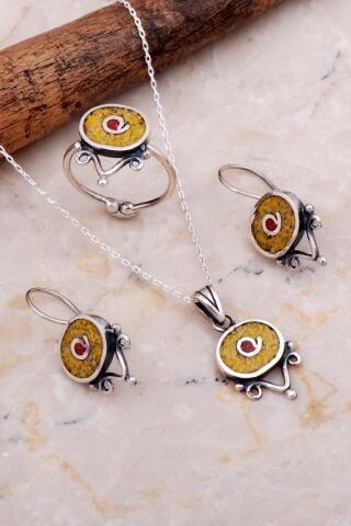 Antik Mozaik İşlemeli Sarı Kuvars Taşlı Gümüş Set 2620