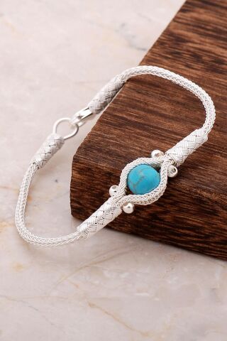 Kazaziye İşlemeli Turkuaz Gümüş Bileklik 3260