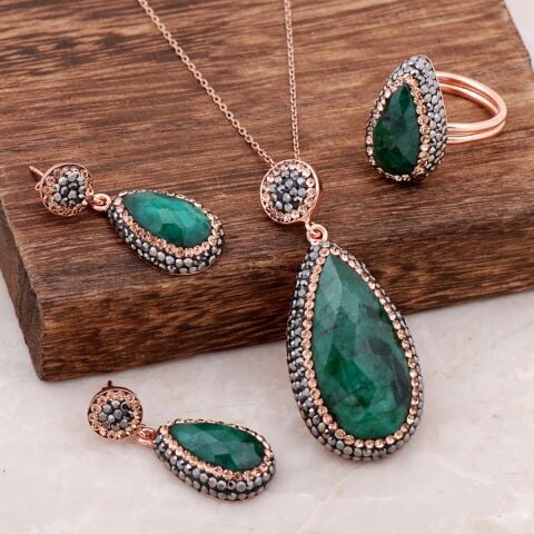 Kök Zümrüt Taşlı Rose Gümüş Set 1896