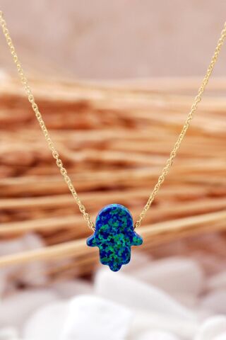 Opal Taşlı Bereket Eli Altın Yaldızlı Gümüş Kolye 7386