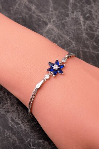 6 Farklı Renk Seçenekli Rodyumlu 925 Ayar Gümüş Lotus Bileklik 4920 Safir Taşı (Lacivert)
