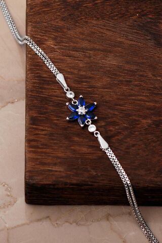 6 Farklı Renk Seçenekli Rodyumlu 925 Ayar Gümüş Lotus Bileklik 4920 Safir Taşı (Lacivert)