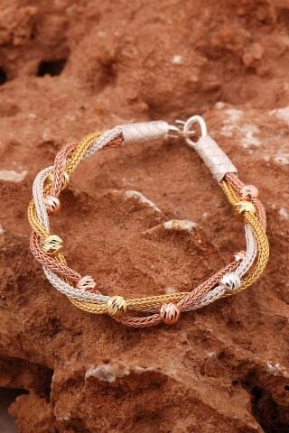 Dorika Kazaziye İşlemeli Burgu Tasarım Altın ve Rose Kaplama 1000 Ayar Gümüş Bileklik 4598