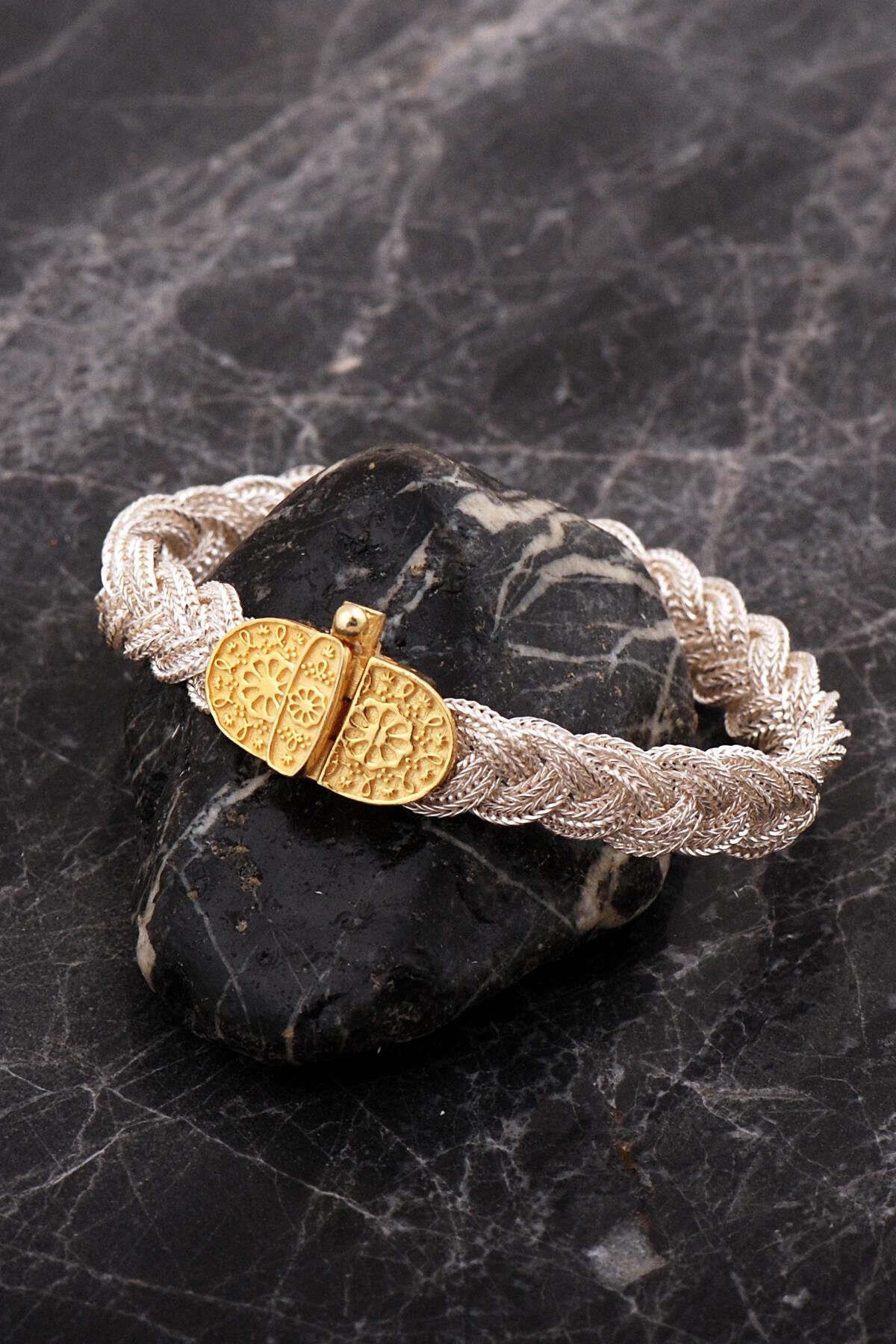 Midyat Hasırı Altın Kaplama Yöresel Motifli Örgü Gümüş Bileklik 4755