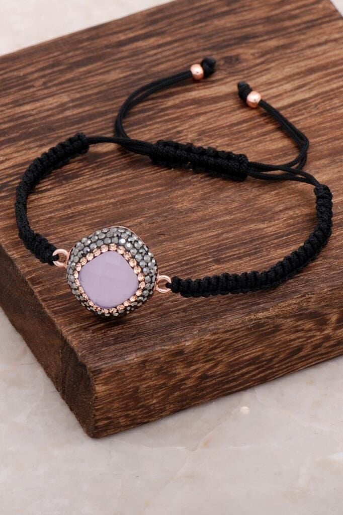 Pembe Quarz Taşlı Makrome Rose Gümüş Bileklik 3045