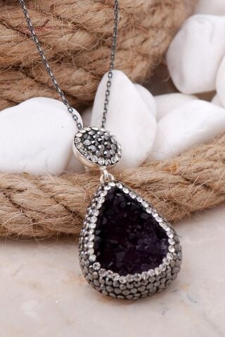 Doğal Ametist Taşlı Gümüş Kolye 7628