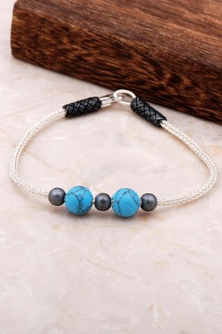Kazaziye İşlemeli Turkuaz Gümüş Bileklik 3262
