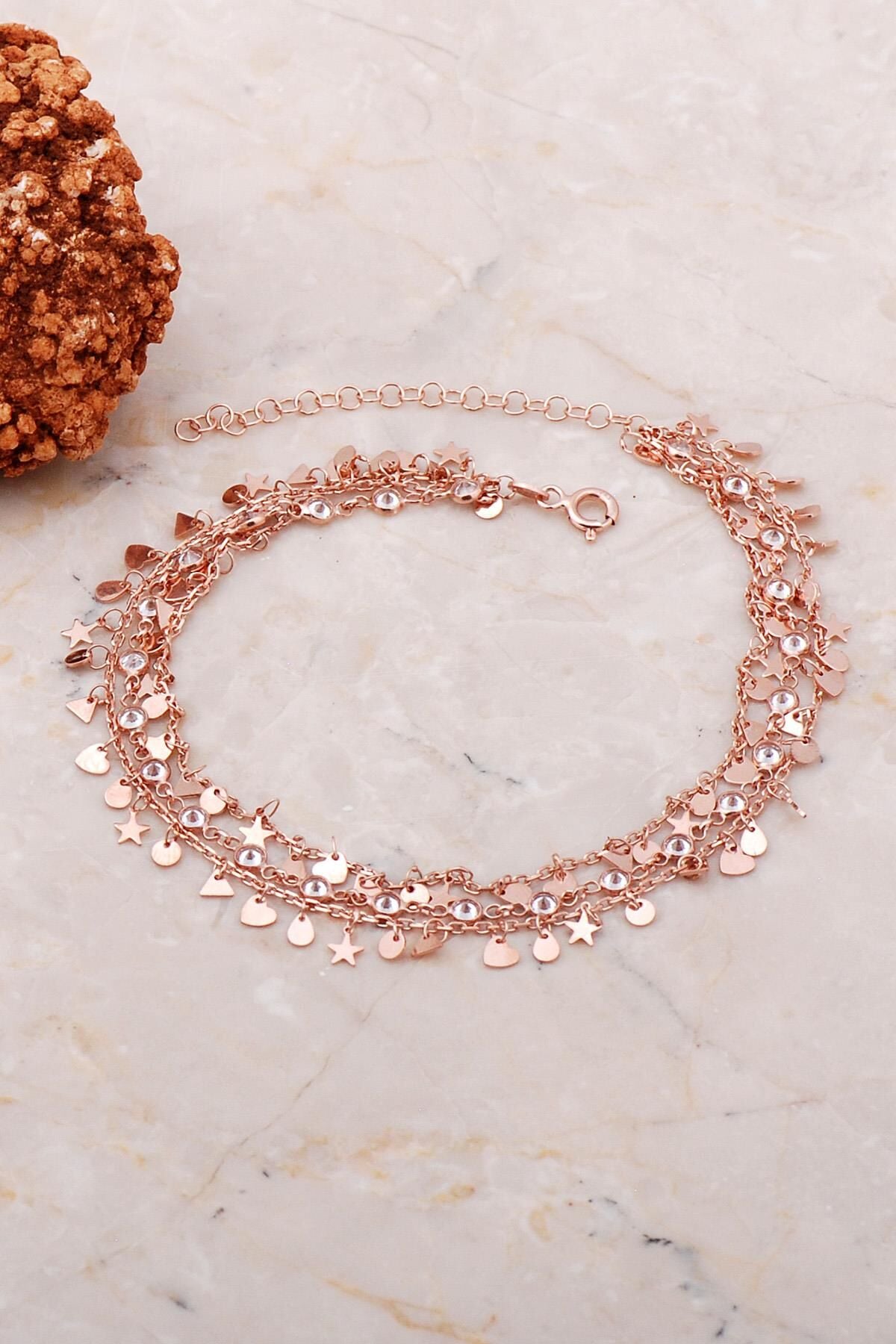 Pullu Taşlı Sallantılı Rose Gümüş Üç Sıra Halhal 286