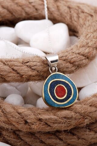 Mozaik İşlemeli Renkli Gümüş Kolye 7630