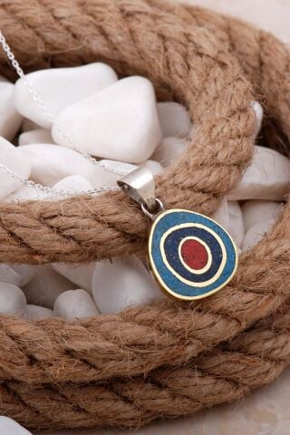 Mozaik İşlemeli Renkli Gümüş Kolye 7630