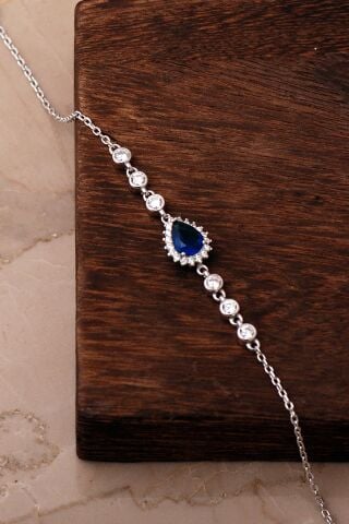 Damla Safir Taşlı Rodyumlu 925 Ayar Gümüş Bileklik 4922