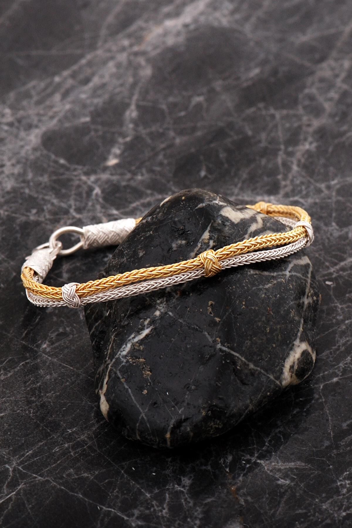 Kazaziye İşlemeli Altın Kaplama İki Sıra Elişi Gümüş Bileklik 4759