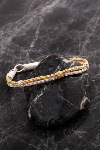 Kazaziye İşlemeli Altın Kaplama İki Sıra Elişi Gümüş Bileklik 4759