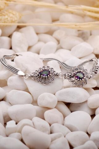 Mistik Topaz Taşlı Damla Telkari Elişi Gümüş Bileklik 3845