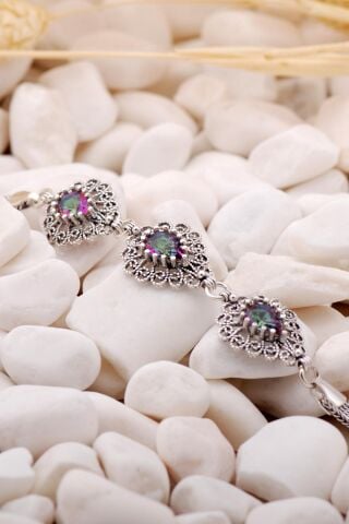 Mistik Topaz Taşlı Damla Telkari Elişi Gümüş Bileklik 3845