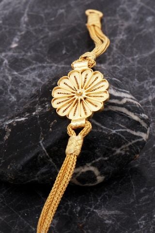 Kazaziye Telkari İşlemeli Altın Kaplama Papatya Elişi Gümüş Bileklik 4760