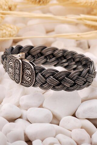 Midyat Hasırı Elişi Örgü Gümüş Bileklik 3846