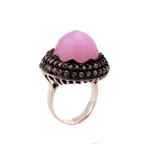 Pembe Kuvars Taşlı Gümüş Yüzük 1151