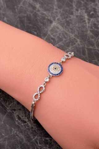 Rodyumlu Nazar Boncuklu Sonsuzluk 925 Ayar Gümüş Bileklik 4923