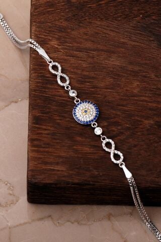 Rodyumlu Nazar Boncuklu Sonsuzluk 925 Ayar Gümüş Bileklik 4923