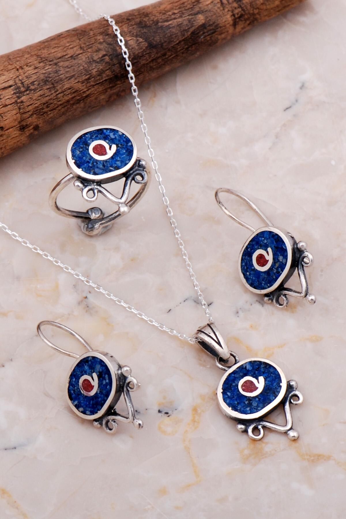 Antik Mozaik İşlemeli Lapis Lazuli Taşlı Gümüş Set 2625