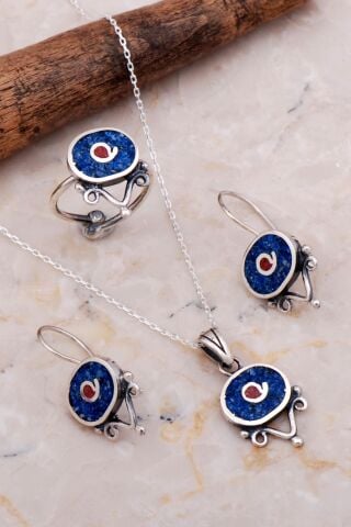 Antik Mozaik İşlemeli Lapis Lazuli Taşlı Gümüş Set 2625