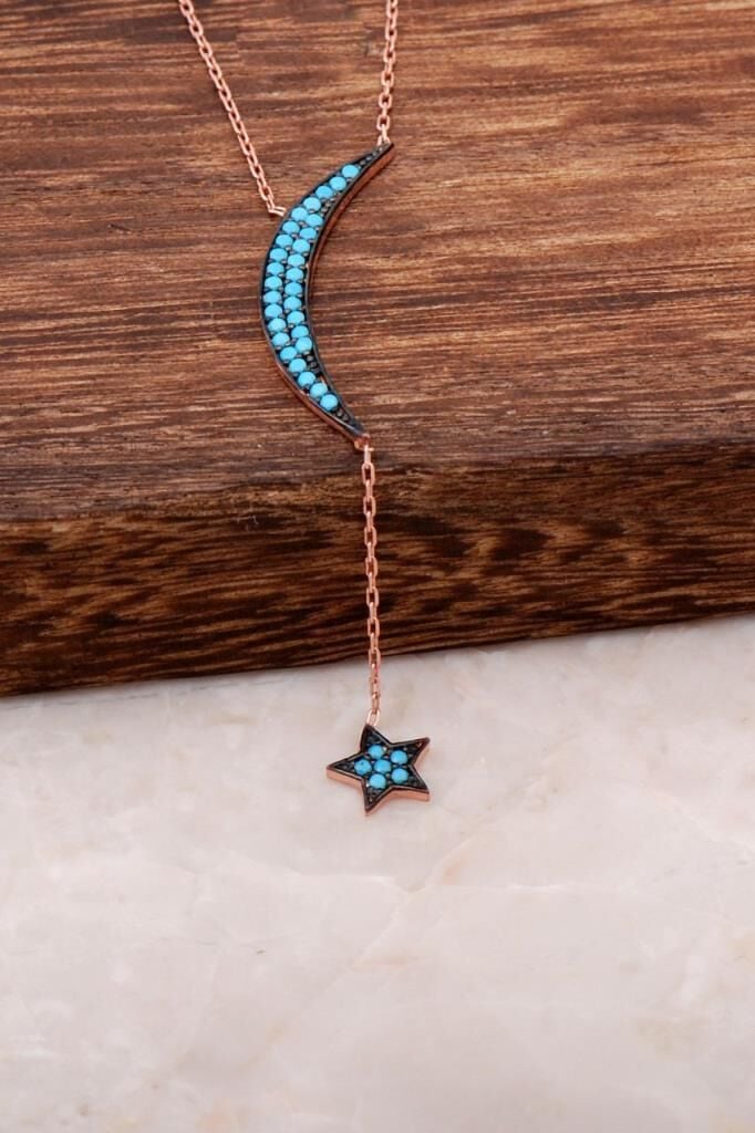 Turkuaz Taşlı Ay Yıldız Tasarımlı Rose Gümüş Kolye 1662