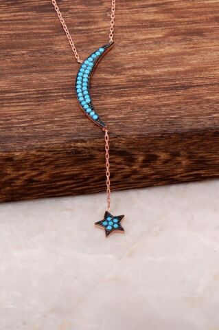 Turkuaz Taşlı Ay Yıldız Tasarımlı Rose Gümüş Kolye 1662