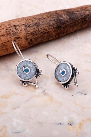 Antik Mozaik İşlemeli Sedef Taşlı Gümüş Küpe 6062