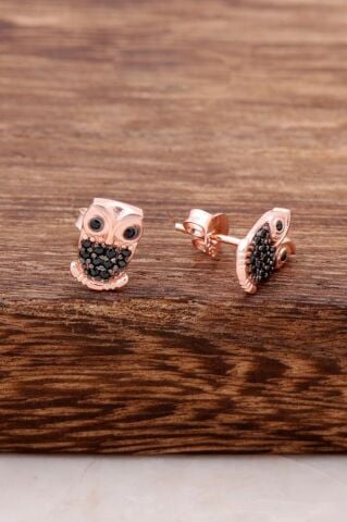 Baykuş Safir Taşlı Rose Gümüş Küpe 3765