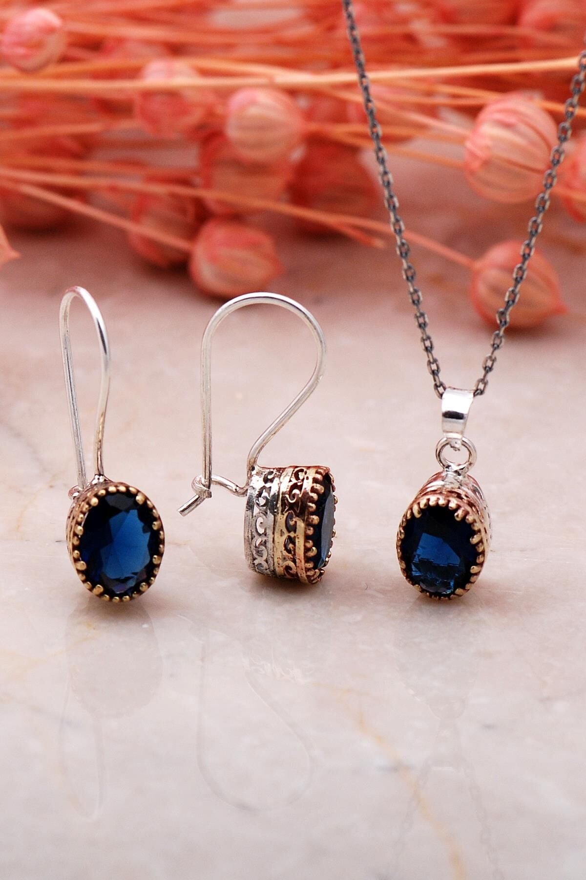Safir Elişi Gümüş İkili Set 2327-Oval