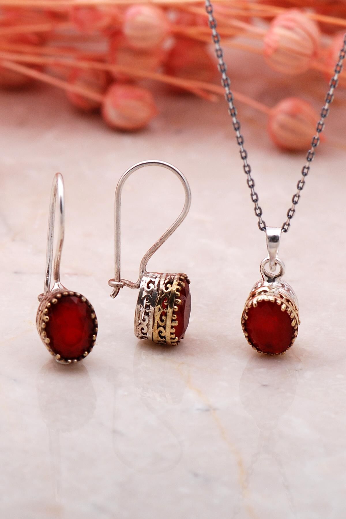 Kök Yakut Elişi Gümüş İkili Set 2328-Oval