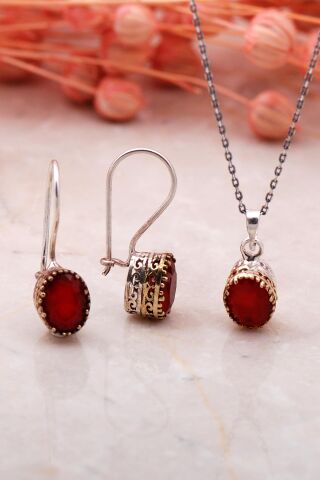 Kök Yakut Elişi Gümüş İkili Set 2328-Oval