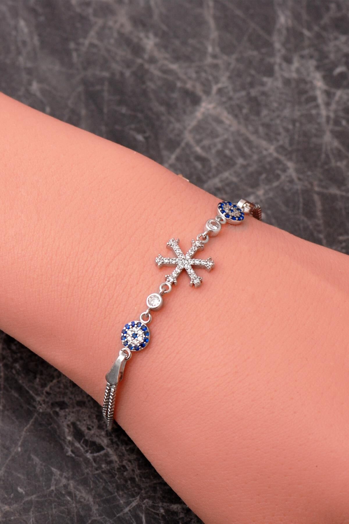Nazar Boncuklu Kar Tanesi Rodyumlu 925 Ayar Gümüş Bileklik 4927