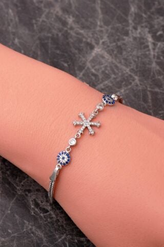 Nazar Boncuklu Kar Tanesi Rodyumlu 925 Ayar Gümüş Bileklik 4927