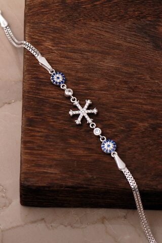 Nazar Boncuklu Kar Tanesi Rodyumlu 925 Ayar Gümüş Bileklik 4927