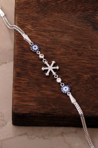 Nazar Boncuklu Kar Tanesi Rodyumlu 925 Ayar Gümüş Bileklik 4927