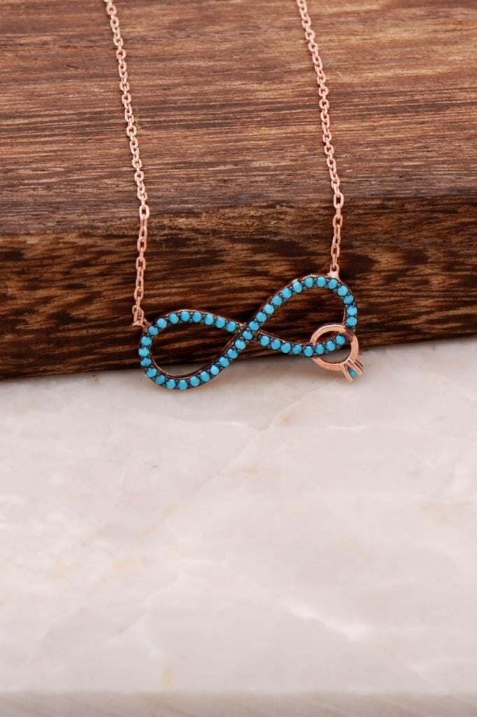 Turkuaz Taşlı Sonsuzluk Rose Gümüş Kolye 1666