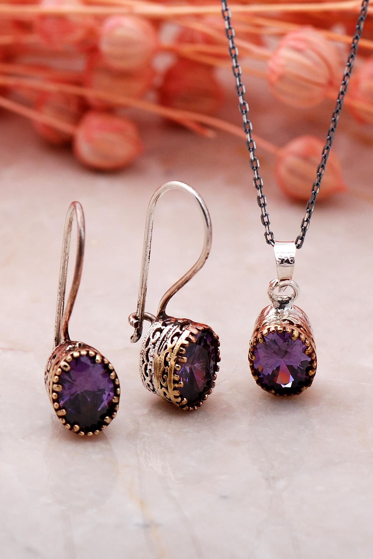 Ametist Elişi Gümüş ikili Set-Oval