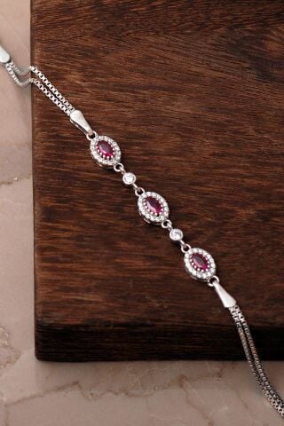 Yakut Taşlı Rodyumlu 925 Ayar Gümüş Oval Bileklik 4929