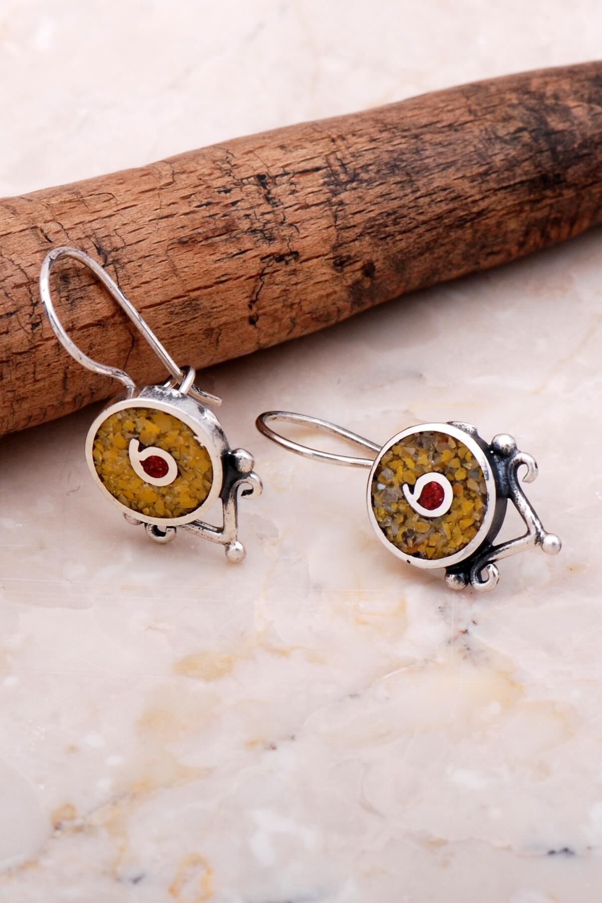 Antik Mozaik İşlemeli Sarı Kuvars Taşlı Gümüş Küpe 6065