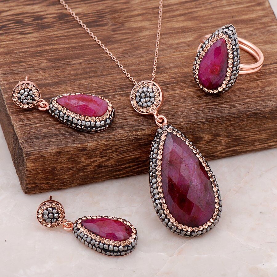 Kök Yakut Taşlı Rose Gümüş Set 1897