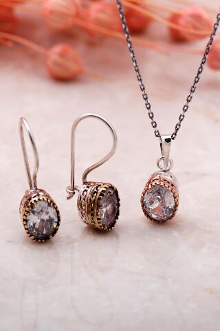 Kuvars Elişi Gümüş İkili Set 2331-Oval