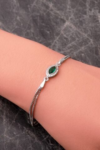 Yeşim Taşlı Mekik Rodyumlu 925 Ayar Gümüş Bileklik 4930