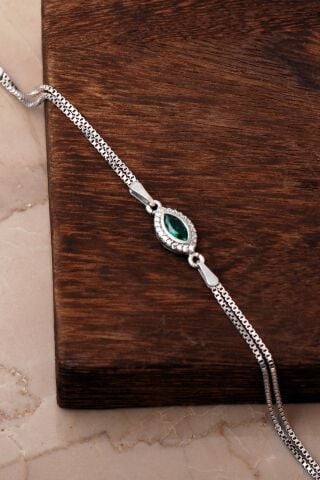 Yeşim Taşlı Mekik Rodyumlu 925 Ayar Gümüş Bileklik 4930