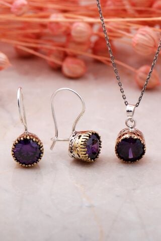 Ametist Elişi Gümüş İkili Set 2332-Yuvarlak