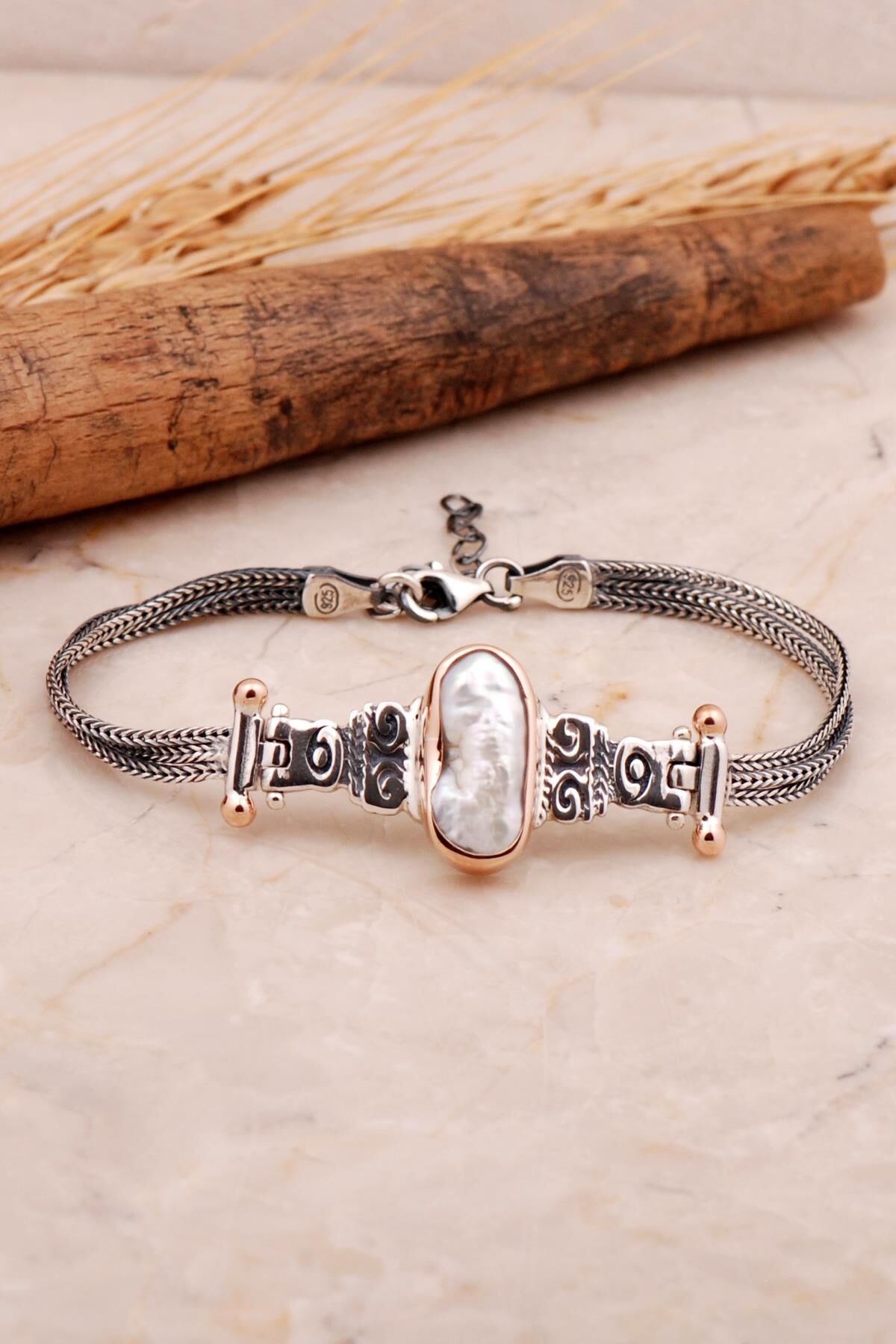 Doğal Sedef Elişi Tasarım Gümüş Bileklik 3449