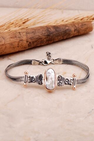 Doğal Sedef Elişi Tasarım Gümüş Bileklik 3449